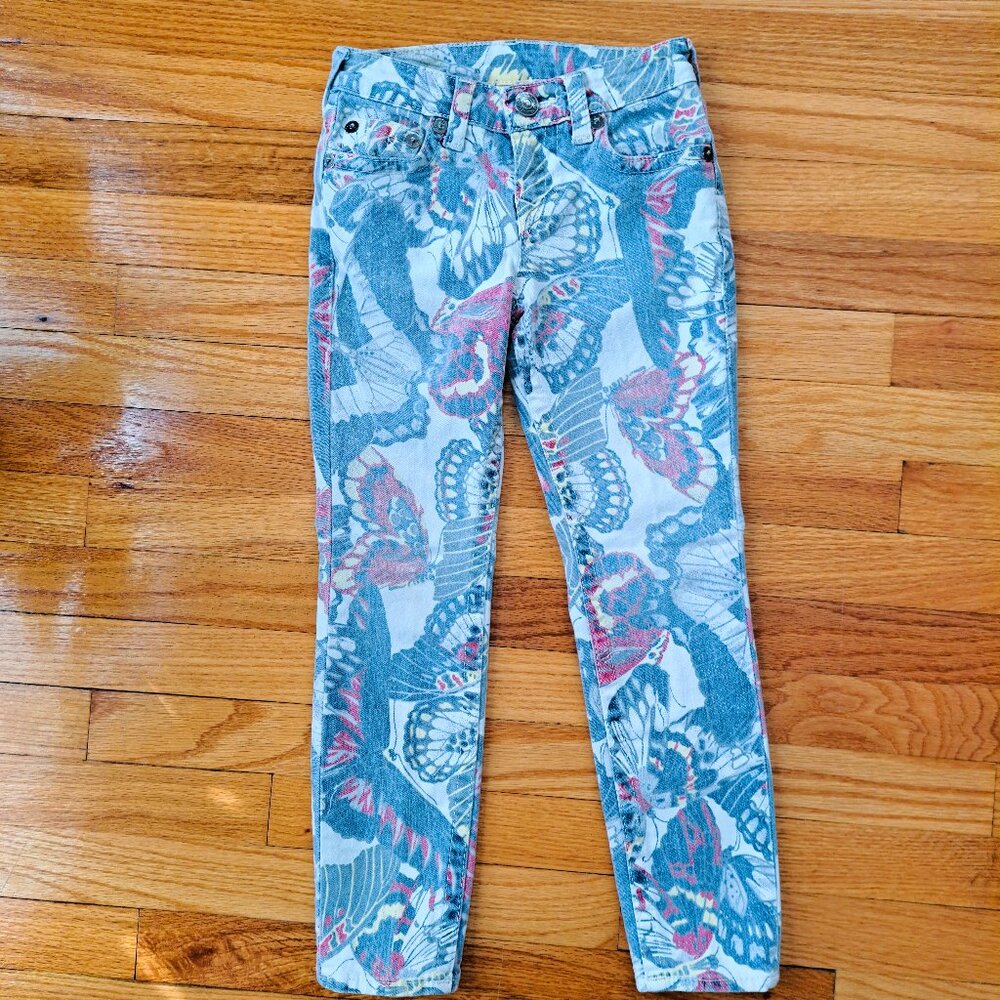 True Religion Girls Casey Jeans Size 7 Butterfly Print Graphic Skinny Denim Rare